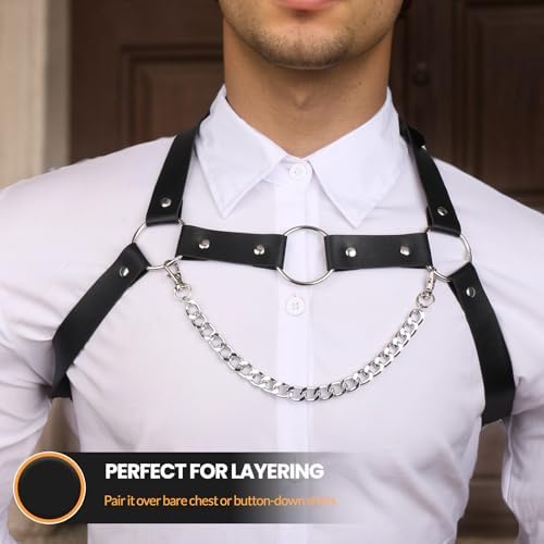 Men's PU Leather Chest Harness Belt with Chain, Adjustable Neck Harness Belt for Men, Male Punk Chest Shoulder Harness for Punk Cosplay, Muscle Show Clubwear Nightclub Stage Party Outfits X025