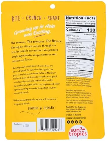 Sun Tropics Mochi Snack Bites, Golden Curry Flavor- 3.5 oz (6 Pack) | Crispy Crunchy Mochi Bites, Rice Nuggets | Mochi Puff Rice Crackers- Gluten Free & Dairy Free- No MSG Added | Asian Rice Snacks