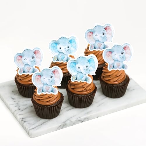 60 PCS Edible Elephant Cupcake Toppers Baby Shower Boy or Girl Cupcake Picks for Elephant Theme Gender Reveal Baby Shower Kids Boys Girls Birthday Party Cake Food Decorations Supplies Pink or Blue