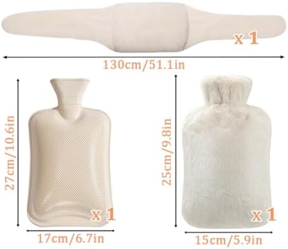 3 in 1 Hot Water Bottle Pouch with Waist Cover, Warm Water Bag, Pouch with Soft Belt, 1L Rubber Hot Water Bag with Soft Cover, for Pain Relief Waist, Back, Neck, White