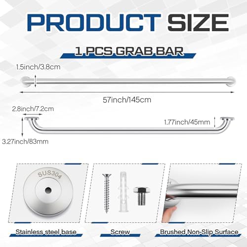 Zonon 1 Pcs 57 inch Grab Bar for Bathroom Wide Safety Stainless Steel Front Porch Stairs Railing Straight Shower Handle for Handicapped or Elderly (Classic Style,Silver)