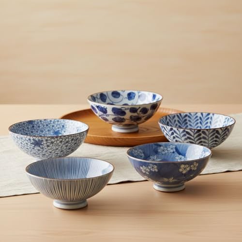 Japanese Handcrafted Rice Bowl, Authentic Mino Ware Pottery, Aie gawari Chawan, set of 5