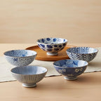 Japanese Handcrafted Rice Bowl, Authentic Mino Ware Pottery, Aie gawari Chawan, set of 5
