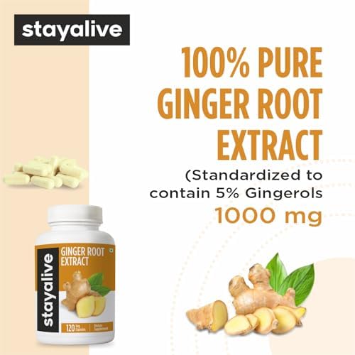 STAY ALIVE Pure Ginger Root Capsules 1000mg, 10:1 Extract Powder with 5% Gingerols, 120 Pills, Extra Strength Root Powder, Vegan, Non-GMO and Gluten-Free Ginger Supplement