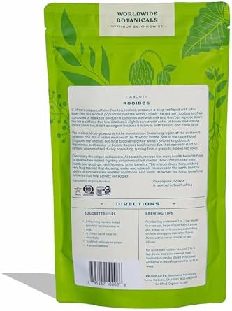Worldwide Botanicals Organic Red Rooibos Tea – 8oz - 100% South African Aspalathus linearis – Loose Leaf, Cut and Sifted - Resealable Bag for Freshness