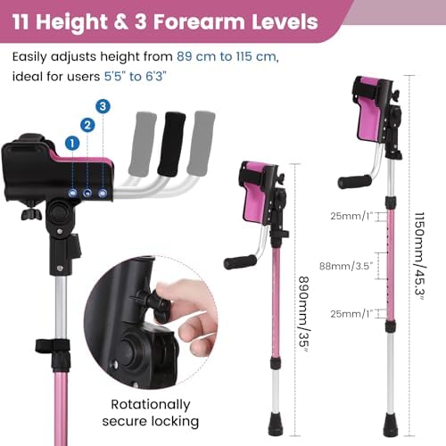 Crutches for Adults 3-Angle Adjustable Forearm Crutches Non-Slip Handles with EVA Elbow Support, Ergonomic Forearm Crutches for Leg Injury, Surgery Recovery, Disabled (1 Pair)