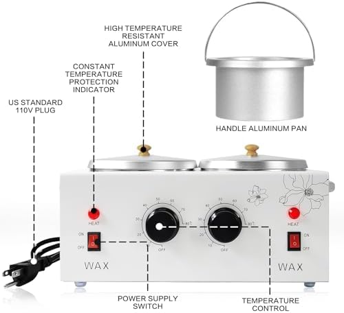 1.2L Double Portable Wax Warmer Machine for Painless Hair Removal, Women Men Professional Wax Heater with Adjustable Temperature Set, 40pcs Sticks