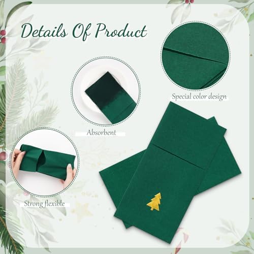 JarThenaAMCS 50 Pcs Christmas Linen Feel Napkin Xmas Tree Gold Foil Disposable Airlaid Paper Napkin Green Prefolded Dinner Napkins with Built-in Flatware Pocket for Winter Holiday Party Supplies