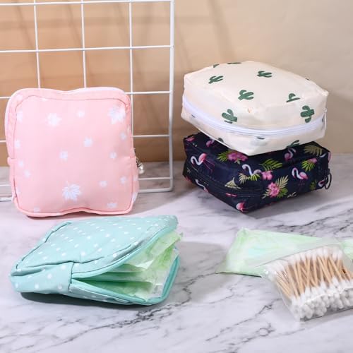 4 PCS Sanitary Napkin Storage Bag, Menstrual Pad Zipper Period Pouch Portable Period Bag Panty Liners, Pad Pouch with Zipper for Women Ladies Daily Use Purse Travel(Flamingo,4 Patterns)