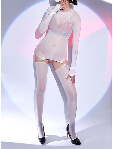 LESOYA Women's Sexy 8D Oil Shiny Glossy Full Bodystocking Sheer Bodysuit Garter Dress with Thigh High Stockings