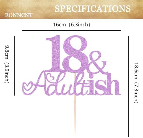 18 & Adult-ish Cake Topper - Purple Glitter Funny 18th Birthday Cake Decorating Supplies for Girls, Cheers to 18 Years Decor for 18 Adult Milestone Party Photo Booth Props