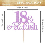 18 & Adult-ish Cake Topper - Purple Glitter Funny 18th Birthday Cake Decorating Supplies for Girls, Cheers to 18 Years Decor for 18 Adult Milestone Party Photo Booth Props