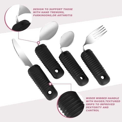 YPCBYNBS Adaptive Utensils,Easy Grip Silverware,Built Up Bendable Fork,Teaspoon,Tablespoon and Knife for Elderly,Hand Tremors,Arthritis and Parkinson's Patients,4 Piece Set