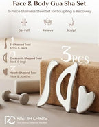 Rena Chris Gua Sha & Muscle Scraper Tool, Stainless Steel Body & Face Gua Sha Set for Deep Tissue Massage & Lymphatic Drainage, Guide & Travel Pouch Included (3-Piece Kit)