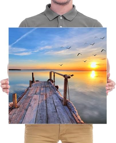 Canvas Wall Art, Sunset Lake Pier with Flying Birds, Nature Landscape Print, Home Decor (20x20 inches, Framed)