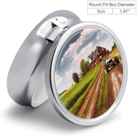 Country Road with Farm and Tractor Pill Box,3 Compartments Round Small Pills Case Moisture-Proof Portable Pill Container for Travel Vitamins Fish Oil Supplements