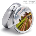 Country Road with Farm and Tractor Pill Box,3 Compartments Round Small Pills Case Moisture-Proof Portable Pill Container for Travel Vitamins Fish Oil Supplements