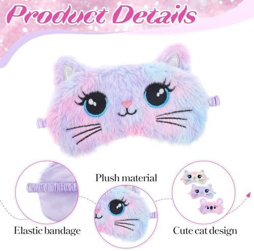 Kids Sleep Mask, 3 Pcs Cute Cat Sleeping Eye Mask Colorful Soft Plush Eye Covers for Sleeping Comfortable Funny Animal Night EyeMasks for Women Girls Home Travel