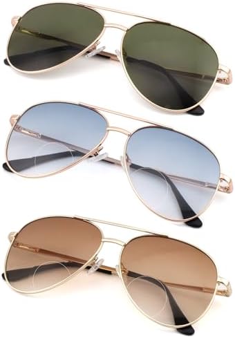 3 Pack Bifocal Reading Sunglasses for Women Men, Aviator Sun Readers Glasses Gradient Lens Shades UV400 +2.50