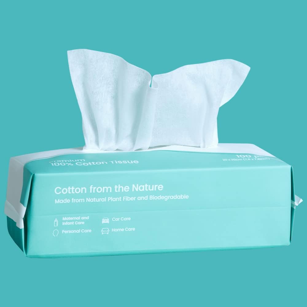 Saraflora 100% Cotton Facial Tissue Soft Dry Wipe 6 Pack, Use for Sensitive Skin Disposable Face Towel Extra Thick Dry and Wet Use Disposable Cotton Tissues for Washing Face Makeup Wipes（600 Count ）