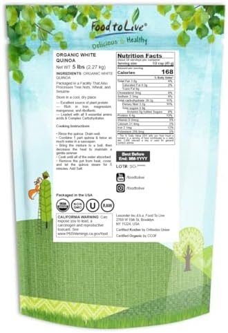 Food to Live Organic White Quinoa, 5 Pounds - Whole Grain, Non-GMO, Kosher, Raw, Vegan, Sirtfood, Bulk