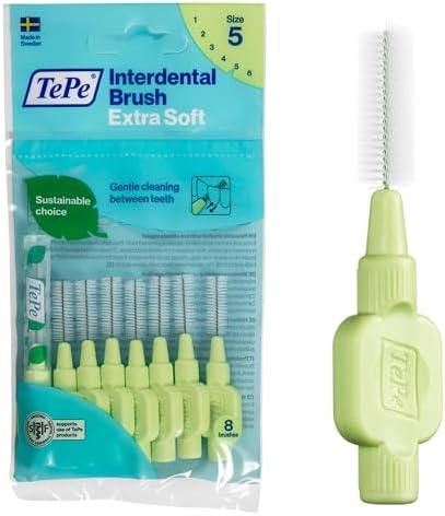 TePe Interdental Brush Extra Soft, Supersoft Dental Brush for Teeth Cleaning, Pack of 8, 0.8 mm, Large Gaps, Green, Size 5
