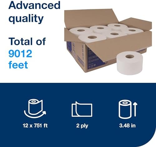 Tork Mini Jumbo Toilet Paper Roll White T2, Advanced, 2-Ply, 12 x 751', 12024402