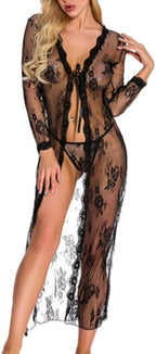 1PC Sheer Black Lace Nightgown, Long Sleeve Sexy Chemise with Floral Embroidery, Adjustable Tie Front & Thigh Slit, Black