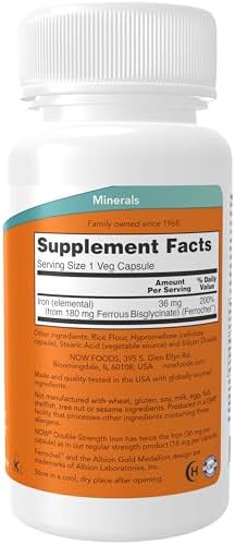 NOW Supplements, Iron 36 mg, Double Strength, Non-Constipating*, Essential Mineral, 90 Veg Capsules