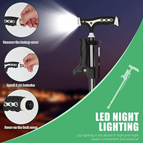 Hold 440 Lbs Walking Cane for Men & Women Aluminum Alloy Lightweight Height Adjustable Walking Stick Heavy Duty Foldbale Free Standing Cane with LED for Seniors Adults