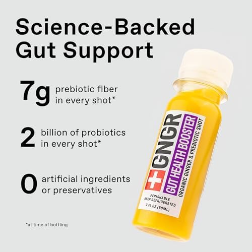 +GNGR Gut Health Shot – Prebiotic and Probiotic for Women & Men - Digestive & Immune Support, Organic Ginger Shot with Apple Cider Vinegar, Turmeric, Aloe Vera 2 fl oz (12-Pack)