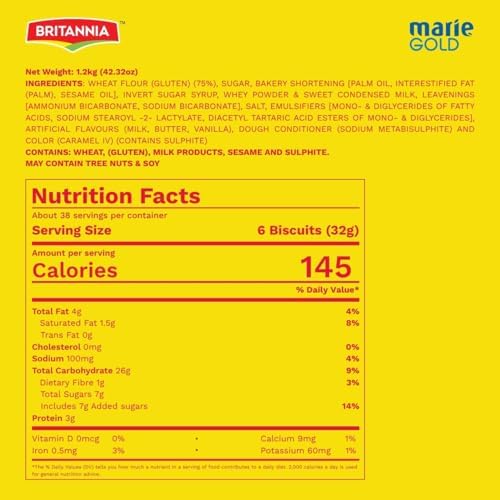 Britannia Marie Gold Biscuits Light & Crispy Tea-Time Snack Classic Grocery Biscuits 42.32oz (1.2kg) Pack of 1