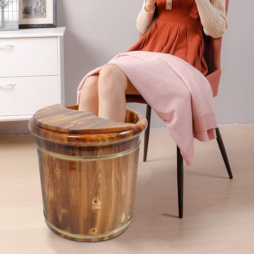 15.75 Inch Wood Foot Bath Bucket, Large Solid Wooden Foot Tub with Lid and Massage Beads, Deep Feet Soaking Basin for Spa Pedicure, Carbonized Barrel for Home Relaxation (Brown)