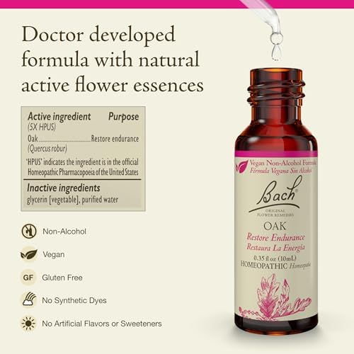 Bach Original Flower Remedies, Oak (Non-Alcohol Formula) - Restore Endurance - Natural Homeopathic Flower Essence for Emotional Balance - Vegan, Gluten Free, Sugar Free - 10mL Dropper