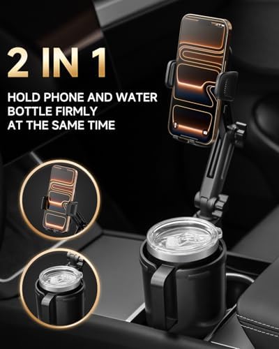 DYLEN Cup Holder Phone Holder for Car, 2 in 1 Cup Holder Phone Mount with Adjustable Base, Long-Arm Supports 360° Rotation, Car Phone Holder Compatible with All Phones| Anti-Slip&No Shake Design