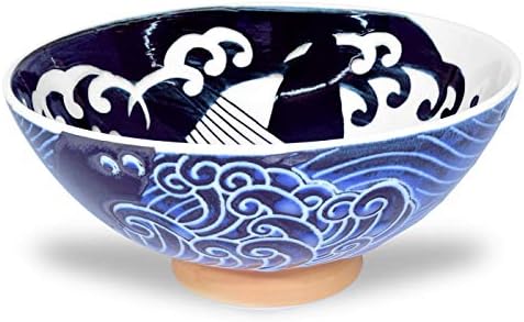 Mino Ware Japanese Rice Bowl, Rice Ramen Noodle Soup Sarada Pasta, Wave Whale Chawn, 5.7 inch 17.5oz Set of 2