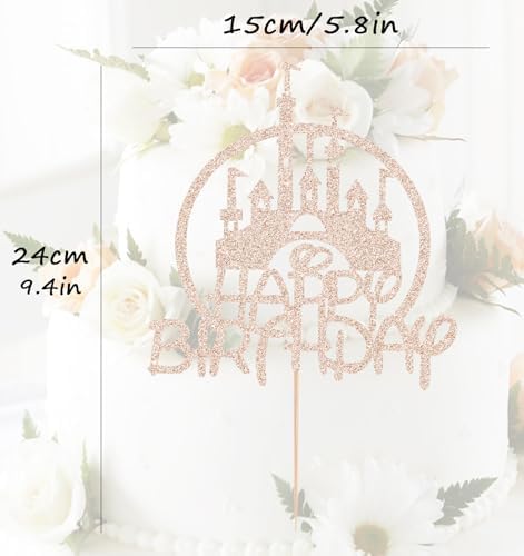 Castle Birthday Cake Topper - Rose Gold Glitter Castle Theme Birthday Party Cake Decoration Supply - Princess Prince Happy Bday Cake Topper Photo Prop