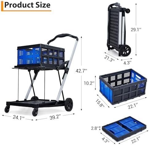 2-Tier Foldable Shopping Trolley - 2 Tier Folding Grocery Carts (198 LB Capacity), Portable Grocery Cart with Wheels & Removable Crate (Blue)