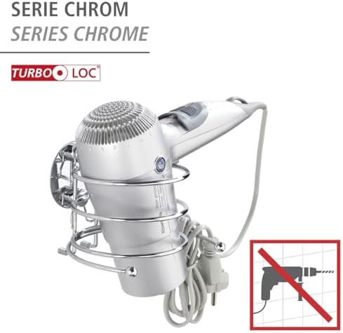 WENKO 18770100 Turbo-Loc Hair Dryer Holder - Cable Holder, Fixing Without Drilling, Steel, 14 x 7.5 x 11.5 cm, Chrome