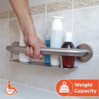 HEALTHCRAFT Plus 2-in-1 Shampoo Shelf and Grab Bar 16" inch, ADA Compliant, Wall-Mounted Bathroom Safety Grab Bar for Seniors, Supports up to 500 lbs in Brushed Stainless