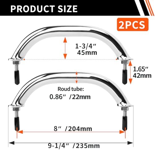 2PCS Stailess Steel Boat Grab Handle Polished Round Tube Marine Handrail with Flange & Stud - 8" Long