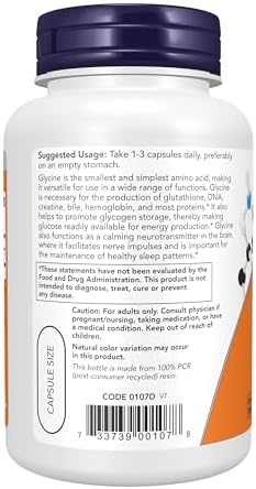 NOW Foods Supplements, Glycine 1,000 mg Free-Form, Neurotransmitter Support*, 100 Veg Capsules