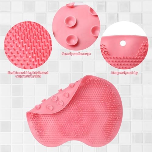 2PACK Shower Foot Scrubber Mat,Wall Mounted Back Scrubber Silicone Bath Massager Cushion Brush with Non-Slip Suction Cups,Foot Scrubber for Use in Shower for Improve Skin Exfoliation(Grey&Pink)
