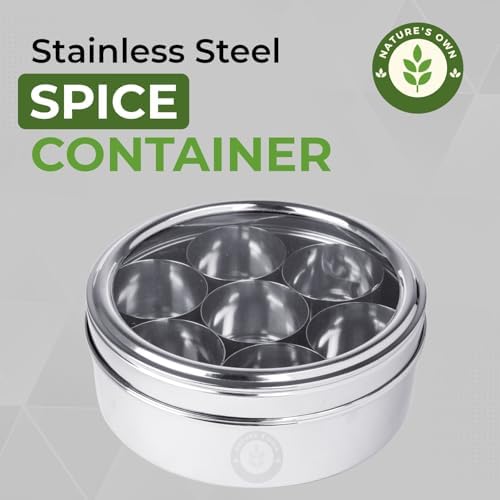 Nature's Own Stainless Steel Indian Spice Box/Masala Box/Masala Dabba/Spice Container - 7 Containers, Steel Masala Box/Spice Dabba/Spice Box, Spice Box for Chefs (Small)