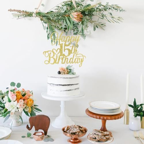 Gold Glitter Happy 15th Birthday Cake Topper, 15th Birthday Decorations, Cheers to 15 Years, Hello 15, 15th Happy Birthday Party Supplies