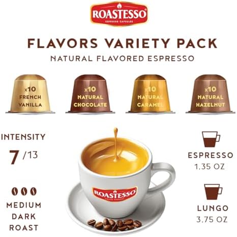 Roastesso, Aluminum Espresso Capsules, Flavors Variety Pack, Natural Flavored Coffee Pods with French Vanilla, Caramel, Chocolate & Hazelnut, Compatible with Nespresso Original Machines (40 Count)