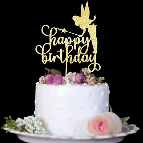 Fairy Happy Birthday Cake Topper Angel Princess Cake Toppers for Birthday Party Decoration Supplies, Gold Glitter