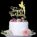 Fairy Happy Birthday Cake Topper Angel Princess Cake Toppers for Birthday Party Decoration Supplies, Gold Glitter