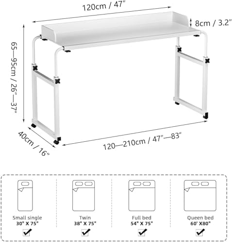 Height Adjustable Overbed Table with Wheels, 120-210cm White Mobile Desk, 65-95cm Stand, Laptop Cart for Bed Sofa Office Wood Color