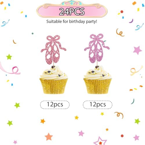 24pcs Ballet Cupcake Toppers, Ballet Shoes Cupcake Toppers, Pink Glitter Ballerina Cake Decoration for Girl, Ballet Themed Baby Shower/Birthday Party Supplies